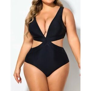 REEBEES Swimwear Black Cutout Crossover Plunge One Piece Monokini Swimsuit L